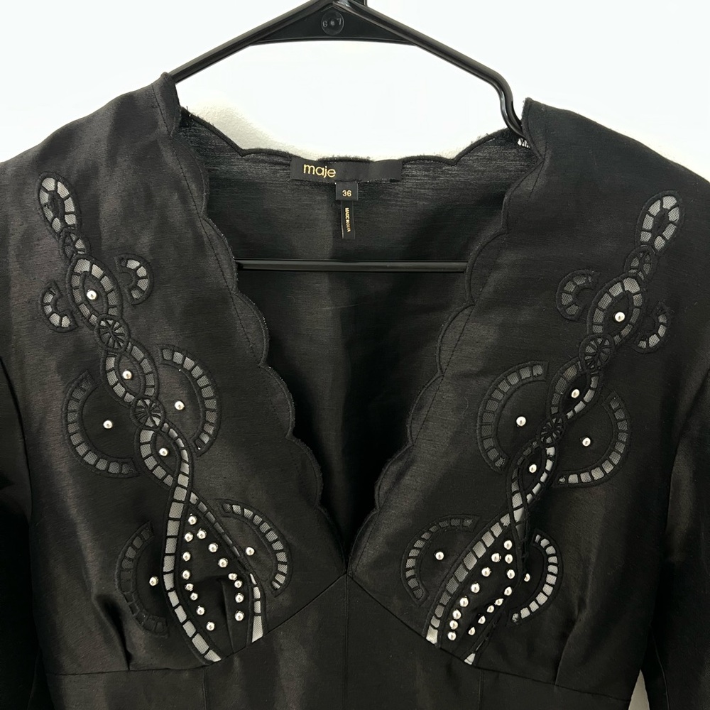 Maje Black Embroidered Scallop V-Neck Women's Dress - Picture 4 of 7